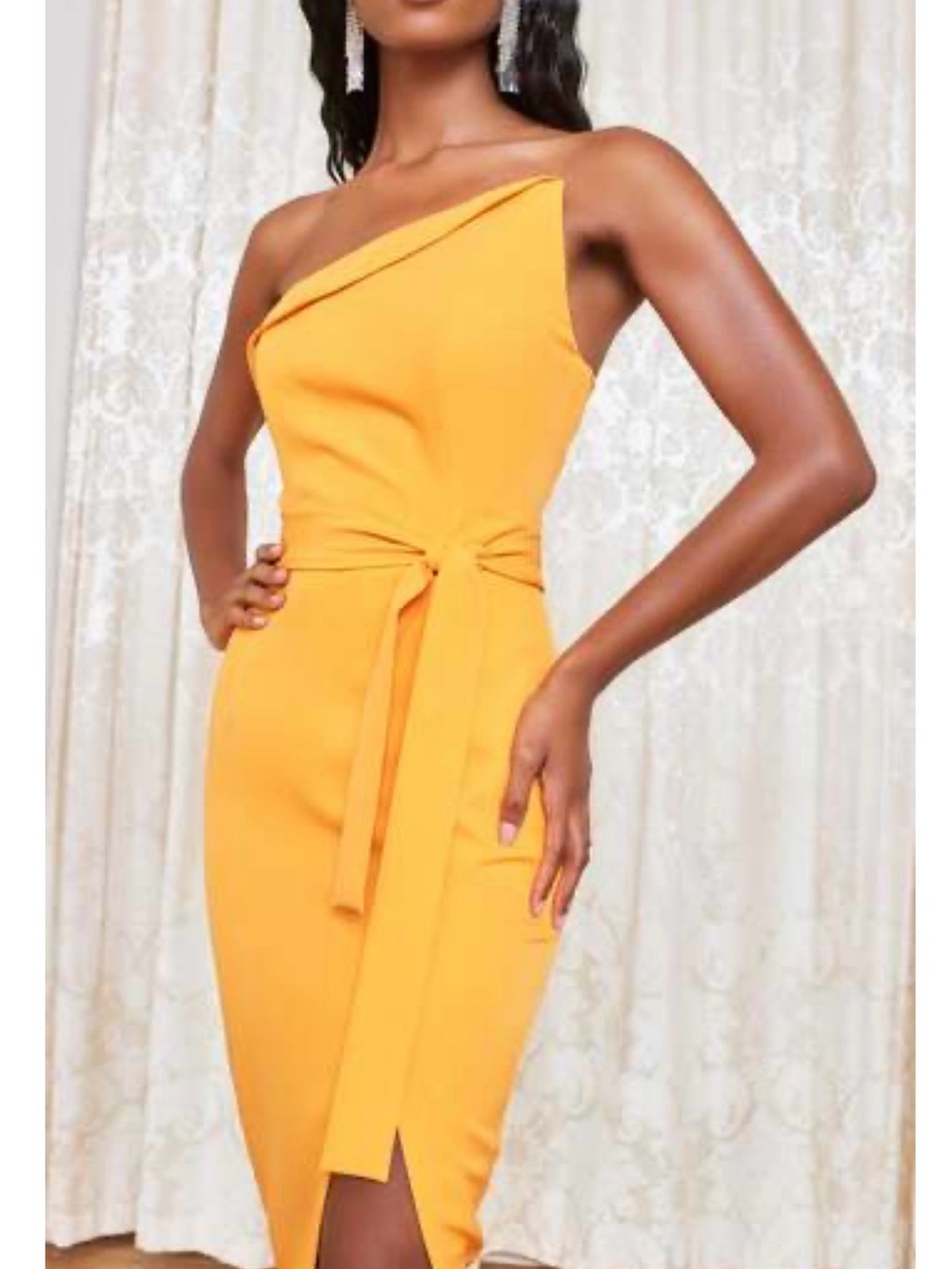 Lavish Alice One-Shoulder Mustard Tie-Waist Sheath Dress